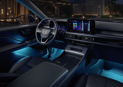 Deep blue Ambient Lighting glows from various places within a 2026 Lincoln Aviator® SUV. | Empire Lincoln in Abingdon VA
